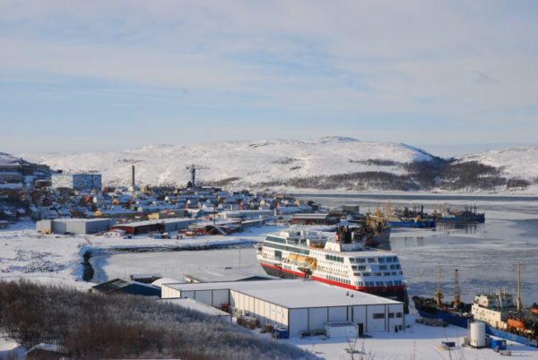 Kirkenes and Hurtigruten boat in winter